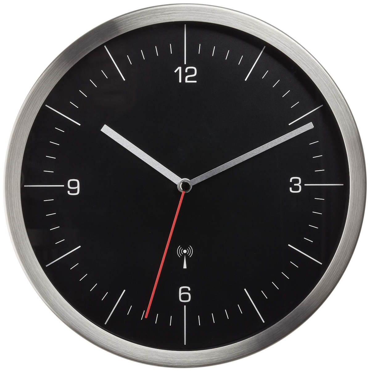 T-60.3544.01 Horloge murale radio-pilot�e cadre inox et fond noir Diam: 245 mm TFA